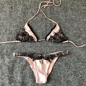 Beach Bunny Pink/Black Lace Bikini L Top; S Bottom